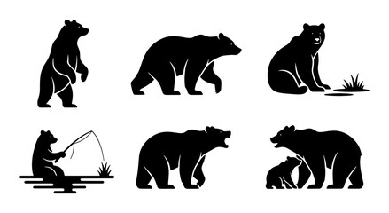 Diverse Bear Silhouettes Collection, Wildlife Animal Icons, Grizzly and Cub Poses, Fishing Bear Vector Graphics, Nature and Forest Mammal Set © Mehedi