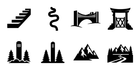 Icon Set: Stairs, Snake, Bridge, Torii Gate, Monuments, Mountains, Forest Path, Vector Graphics for Architecture, Travel, Nature, and Journey Themes © Ashraful