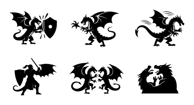 Fantasy Dragon Warrior Icons, Mythical Creature Combat Set, Medieval Knight Battle Graphics, Black Silhouette Vector Illustrations