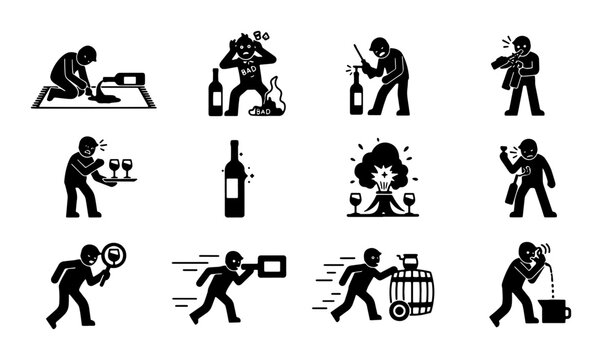 Alcohol Consumption Icons Set, Wine Drinking Pictograms, Beverage Addiction Symbols, Drunk Person Silhouettes, Party Celebration Graphics