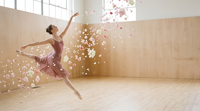Graceful ballerina dancing with swirling pink flower petals