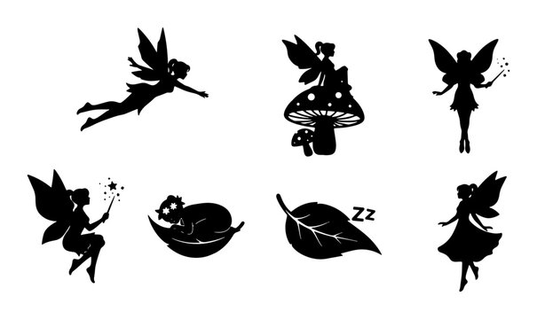 Black Silhouette Fairies and Woodland Elements Vector Set: Enchanted Magical Creatures, Flying Fairies, Sleeping Koala, Mushroom, Leaf, Stars, Zzz Icons for Fantasy Designs