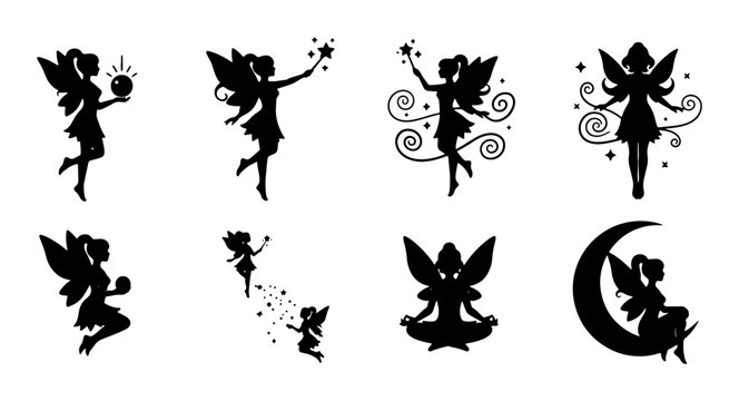 Whimsical Fairy Silhouettes Collection, Magical Enchanted Beings, Fantasy Sprites, Celestial Moon Dancers, Vector Art for Children's Books and Invitations