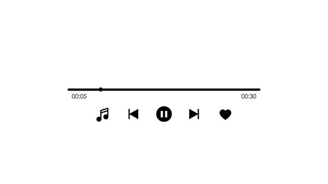 Minimalist music player interface animation, black audio playback control bar motion graphic, sleek song progress timeline overlay on white background, streaming music track dashboard design element.