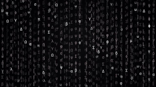 Vertical Scrolling White Greek Letters on Black Background Digital Data Stream
