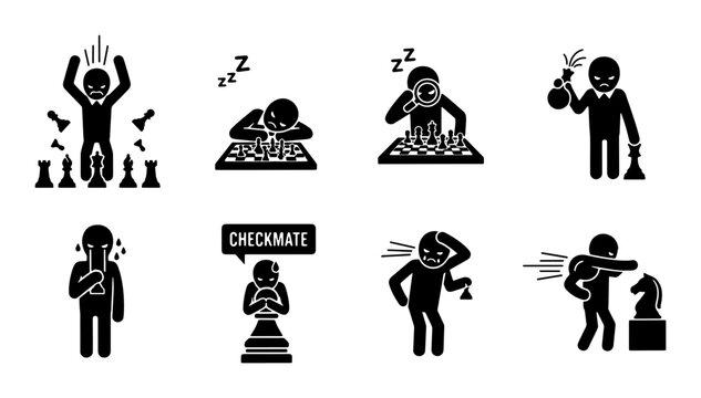 Chess Game Emotions and Strategies, Stick Figure Icons Set: Frustration, Concentration, Victory, Defeat, Checkmate, and Tactics