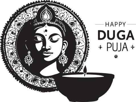 Happy durga puja minimalist card with portrait of deity silhouette and lit oil lamp.