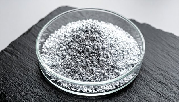 Pure elemental zinc granules piled loosely in a laboratory dish, shimmering with metallic luster