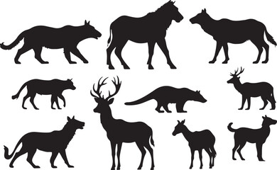 Fototapeta premium Set of wild animal silhouettes including wolves deer and mythological beast representations.