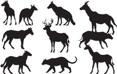 Fototapeta premium Set of ten animal silhouettes of various forest and jungle dwellers on white background.