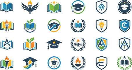Fototapeta premium Education Icons Collection Flat Vector Illustration With Academic Symbols