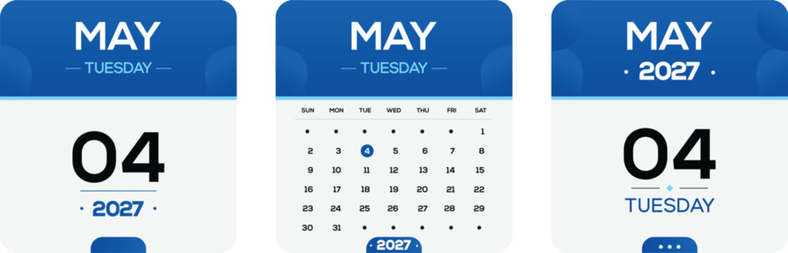 May 4 2027 Tuesday Modern Blue Calendar Date Card Template for Minimal Planner Office Reminder Schedule Digital Organizer Printable Wall Desk Monthly Business Graphic Clean Layout