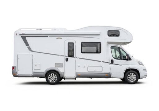 Side view of a white overcab motorhome isolated on white background