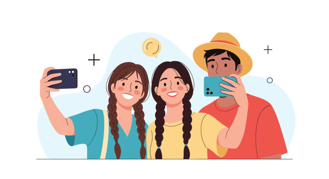 Group of three happy young friends including two women with braids and a man in a hat smiling while taking a selfie together.