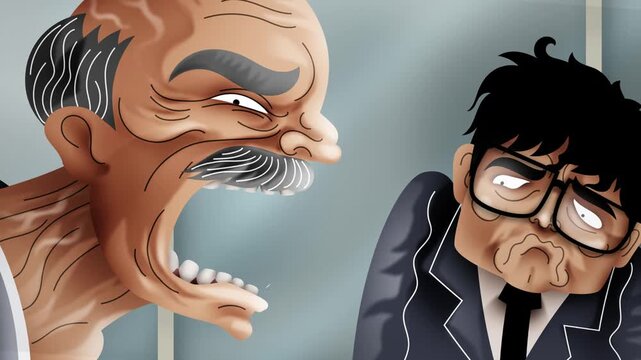 angry boss micromanaging and yelling at frightened office employee
