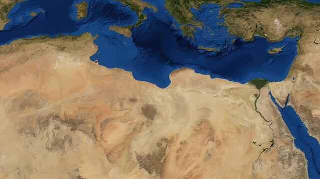 Satellite Map Zoom Animation from World View to Benghazi Libya