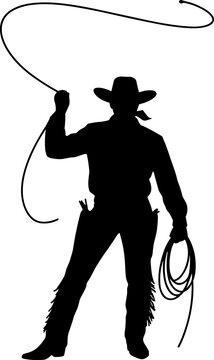 Black silhouette illustration of a confident cowboy wearing a hat and chaps while swinging a lasso in image_032882.png.
