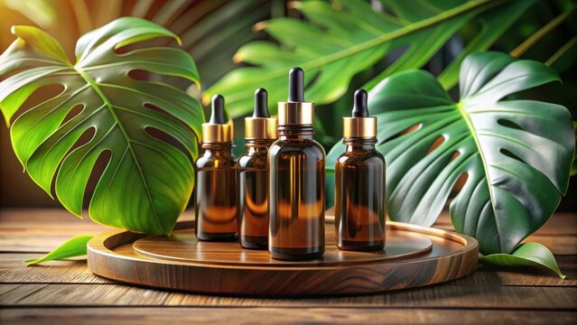 Serum or essential oil in brown glass dropper bottles on wooden tray with monstera leaf