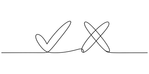 Continuous single line drawing of check mark and cross mark symbols representing right and wrong choices or true and false options for business and education design Vector, illustration © Rimi Kailash Arts