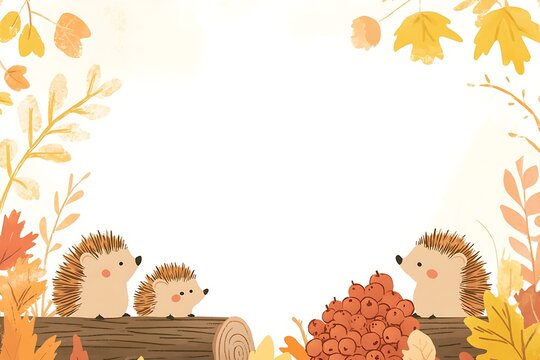 Autumnal hedgehogs in a leafy frame