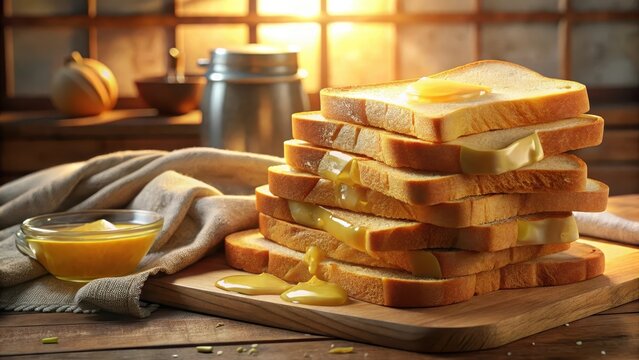 Slices of bread stacked on a cloth with butter melted on top in a kitchen setting
