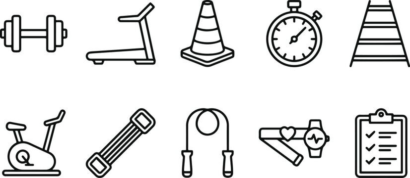 Black line icons of fitness and sports equipment