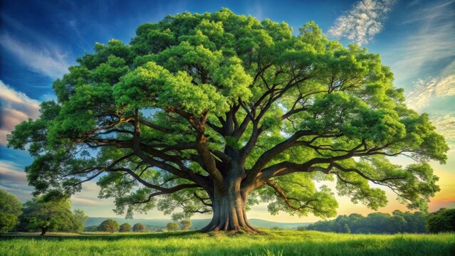Majestic oak tree with lush green leaves and strong branches standing tall
