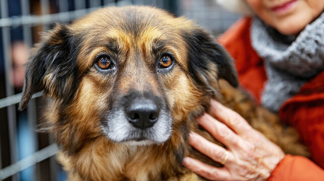 Close-up of a senior person's hand gently petting a mixed-breed dog, showing a comforting bond in an indoor setting