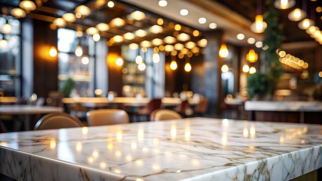 Elegant white marble table top with a bokeh restaurant backdrop