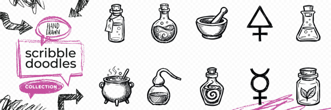 Black solid silhouette doodle vector set of alchemy symbols magic potions esoteric and occult elements