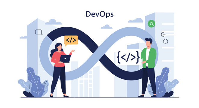 Software developers standing next to a large infinity symbol depicting the continuous lifecycle of DevOps and programming.