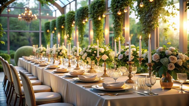 A formal wedding place setting on a long table