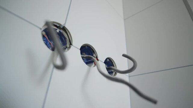 Unfinished electrical wires protrude from round holes in white tiled wall. Raw grey cables create messy unfinished construction atmosphere
