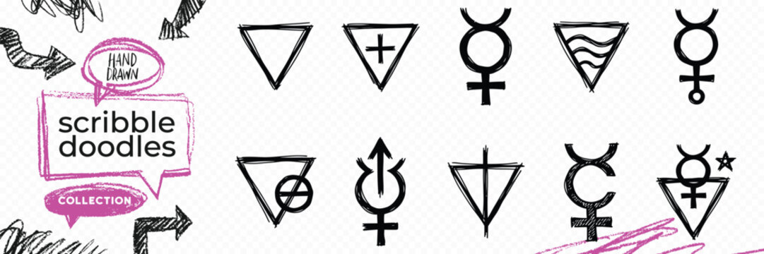 Black solid silhouette doodle vector set of alchemy symbols magic potions esoteric and occult elements