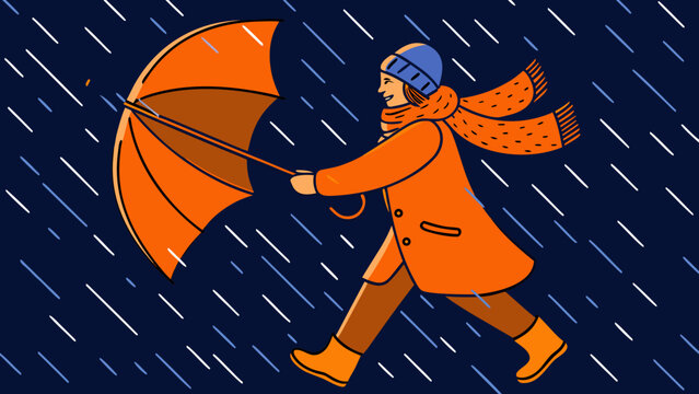 A vector illustration depicting a person with an umbrella walking in a rainstorm featuring a dark blue background autumn bad weather blizzard