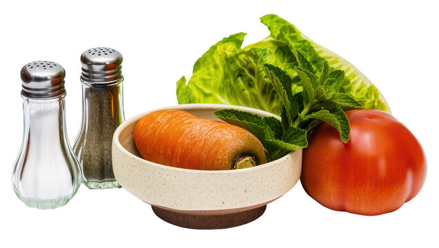 Salt and pepper shakers with carrot tomato lettuce, and mint