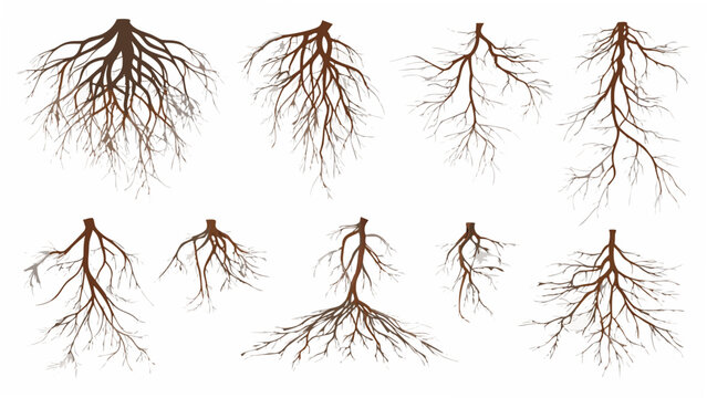 A collection of exposed plant roots a detailed vector illustration on a white background root system network tree structure rootage underground