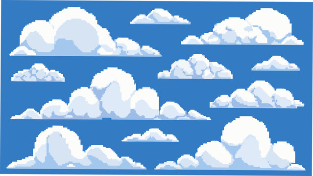 A collection of white pixelated clouds against a bright blue background a digital vector illustration cloudscape cumulus nimbus sky weather atmosphere