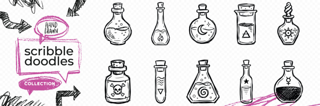 Black solid silhouette doodle vector set of alchemy symbols magic potions esoteric and occult elements