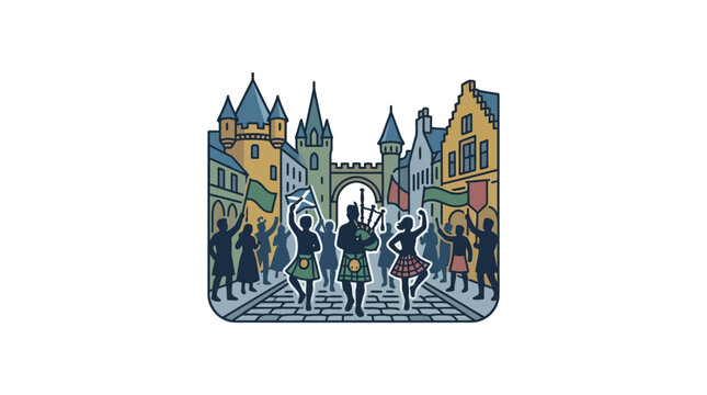 Group of Scottish bagpipers and dancers performing in traditional kilts on a cobblestone street.
