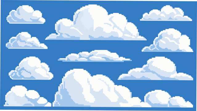 A collection of white pixelated clouds against a bright blue background a digital vector illustration cloudscape cloud formations cumulus pixel art