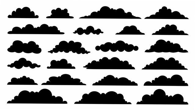 Collection of black cloud silhouettes arranged on a white background depicting various cloud formations clouds cloudscape cumulus stratus cirrus cloud shaped sky