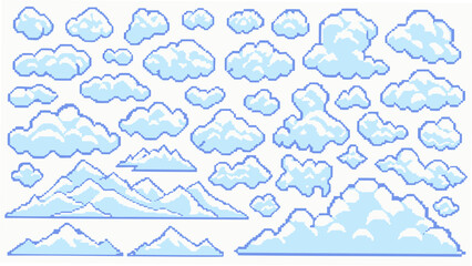 Fototapeta premium Pixelated clouds and mountain range a vector illustration with a light blue color palette on a white background 8 bit atmospheric azure