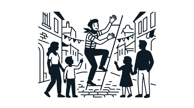 A mime artist performing on a ladder for a group of onlookers in a city street.