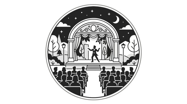 A black and white illustration of a performer on an outdoor stage entertaining an audience.