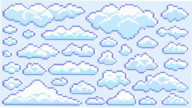 Pixelated clouds vector illustration with a light blue background featuring a repeating pattern of blocky cloud shapes 8 bit celestial cloudscape computer