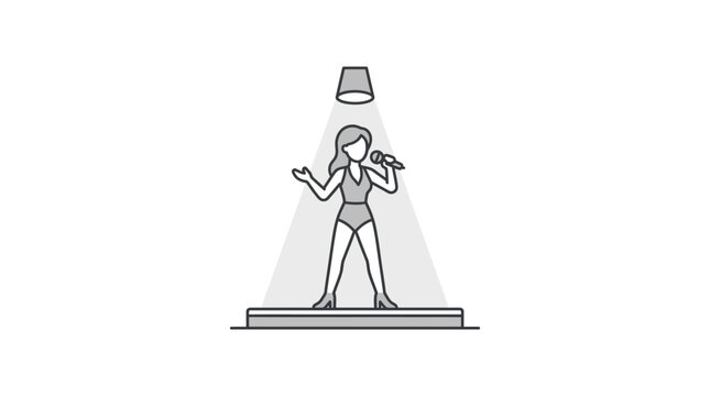 A minimalist line art illustration of a female singer performing on a stage under a spotlight.