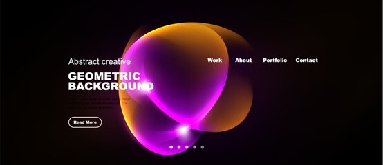 Naklejka premium Dark background features vibrant abstract shapes, text elements, navigation menu. Modern design suggests website mockup or digital art presentation.