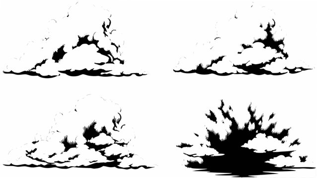 Four cloud formations depicted as black silhouettes against a white background showcasing atmospheric weather patterns clouds cloudscape cumulus stratus cirrus meteorology