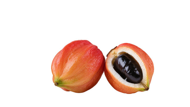 Two ripe ackee fruits, one whole and one cut open showing black seeds